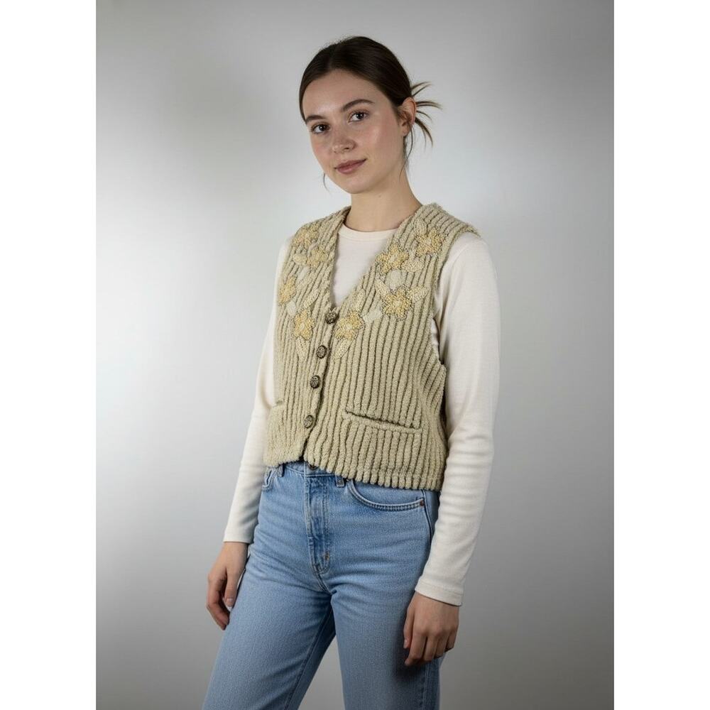 Sandy Starkman Vintage Chenille Floral Embroidered Cotton Vest - Picture 2 of 8